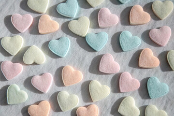 Overhead Close-Up of Pastel Heart-Shaped Candies