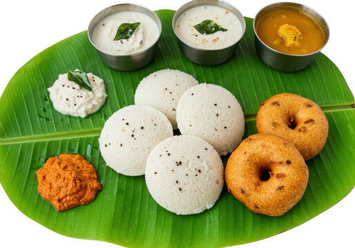South indian breakfast idli vada sambar on leaf isolated on transparent background