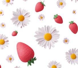 A close up of a strawberry and a daisy flower