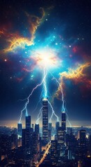 Obraz premium Lightning strikes city skyline under cosmic sky