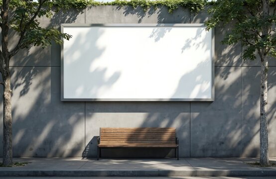 Blank billboard mockup on concrete wall facade. Urban street scene with green trees, wooden bench. Empty space for advertising, branding campaign. Signboard template, city backdrop, retail promotion.