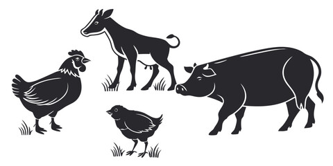 A vector illustration of a farm animal silhouette collection, including cow, pig, horse, and sheep icons, perfect for any nature or meat-related design