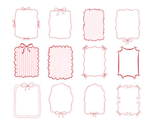 Set of whimsical hand drawn pink color frames with wavy squiggle curly ribbon and romance bow. Perfect for wedding, birthday or bachelorette party invitations