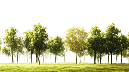 Fototapeta premium Lush green forest background in transparent PNG format with dense trees and natural landscape isolated on white background