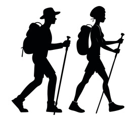 Silhouette Hikers Trekking with Hiking Poles
