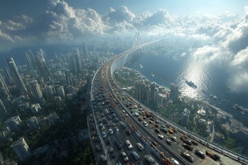 Sydney's bridge traffic monitored with digital overlays and statistics. Construction project. Revamping western sydney: $380m contract for m5 motorway enhancement. Smart city. Traffic flow.