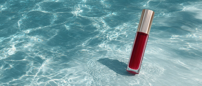 Glossy ruby tube standing in knee deep clear water, creating serene and refreshing atmosphere. vibrant color contrasts beautifully with tranquil water surface