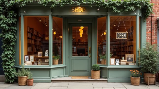  vintage-inspired shop front in balanced composition, green door at center, golden “SHOP” letters above, glass windows showing a welcoming interior with books and decor, and greenery accenting earthy 