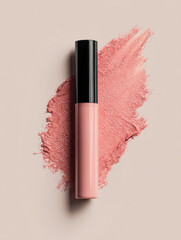Matte rose tube of lip product is elegantly placed against soft beige background, showcasing its smooth texture and vibrant color. artistic smear adds touch of creativity, enhancing overall