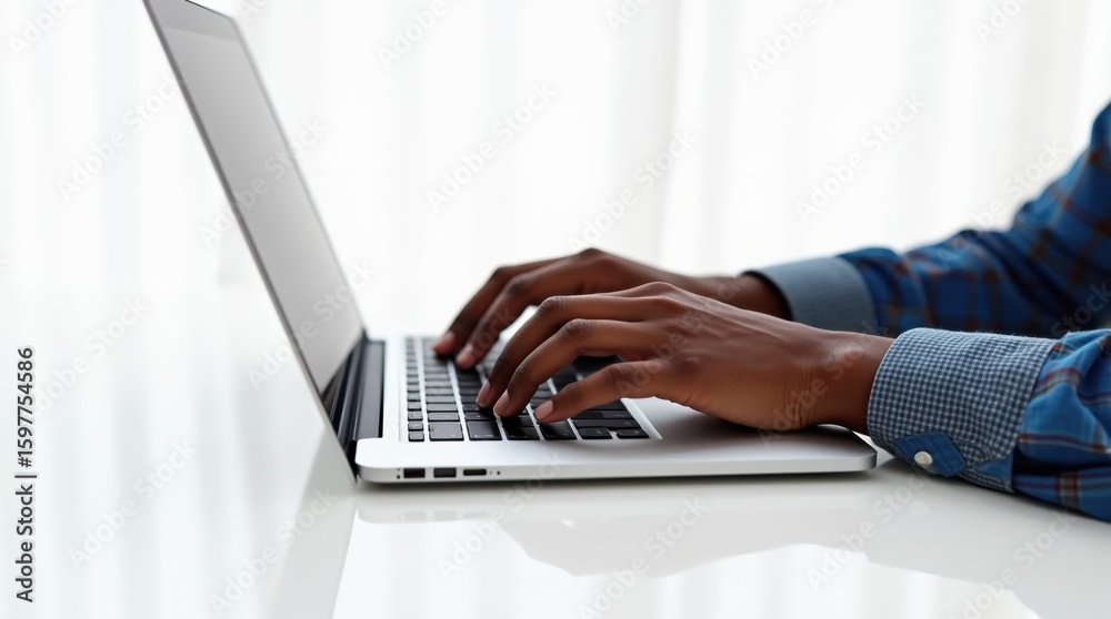 Fototapete Digital art showing hands dynamically typing on a centrally placed sleek laptop, with bright soft lighting and white minimalist background.