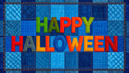 Brightly colored letters spell out Happy Halloween wishes set against a textured blue quilt. The design features various shades of blue in a patchwork style, creating a festive atmosphere