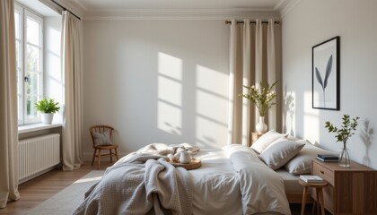 Obraz premium scandinavian bedroom with neutral linens and soft morning light.