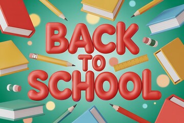 Back to school theme with floating books pencils erasers and ruler on a teal background