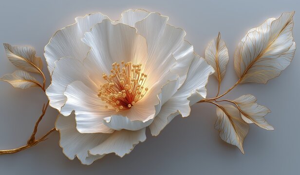 3D luxury white peony floral wall art with golden accents on light gray background featuring elegant botanical design and soft ambient lighting  
