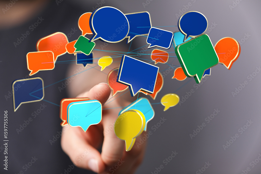 Poster abstract image of colorful speech bubbles connected, symbolizing global communication and networking