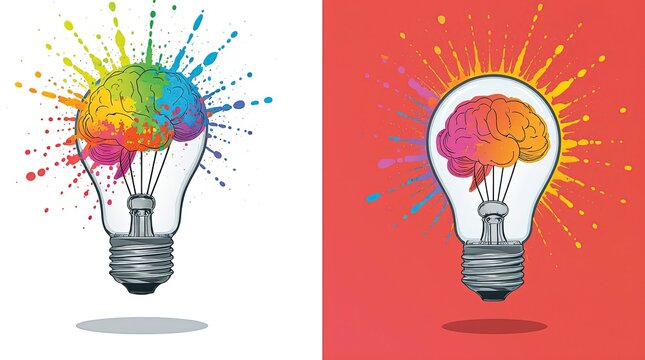 A 3D minimalist of two light bulbs with a vibrant brain pattern, denoting creative energy