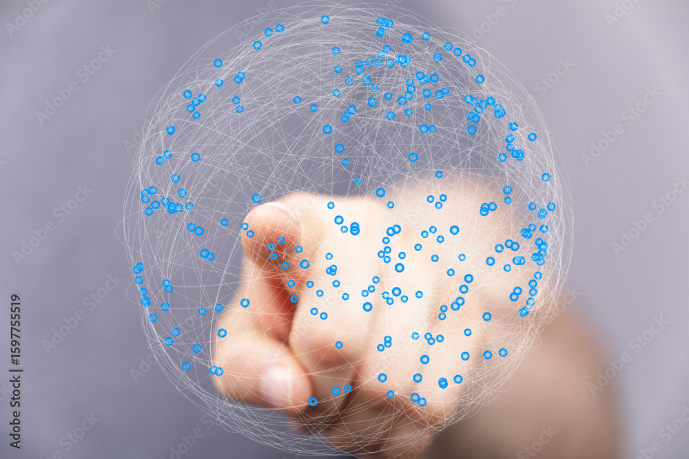 Poster abstract image of a hand interacting with a digital network sphere, representing global connectivity