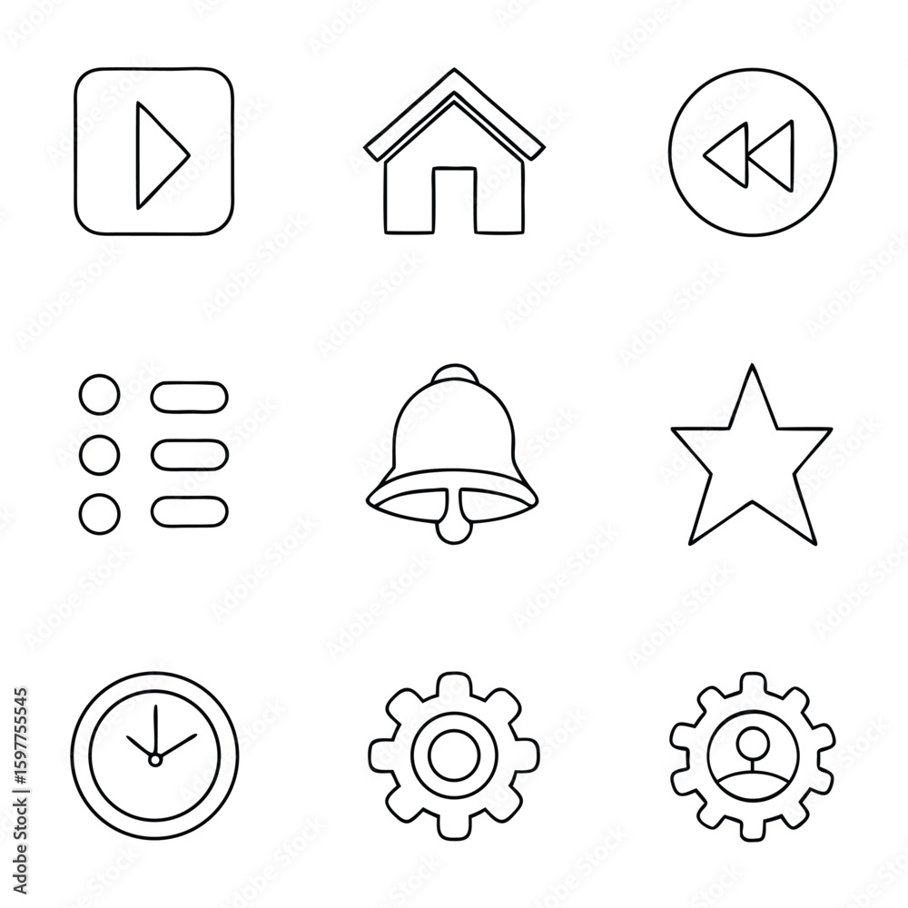 Fototapete Minimal outline icon set for mobile app interface isolated on white background