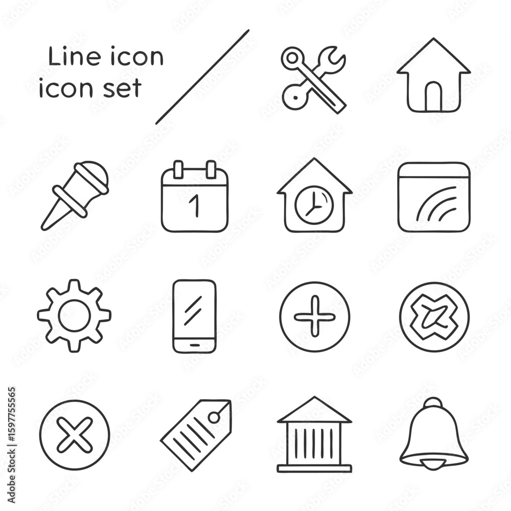 Fototapete Minimal outline icon set for mobile app interface isolated on white background