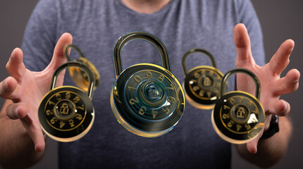 Image of hands holding multiple combination locks, symbolizing data security and protection.