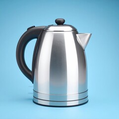 Fototapeta premium Stainless Steel Electric Kettle On Soft Blue Background Modern Kitchen Appliance