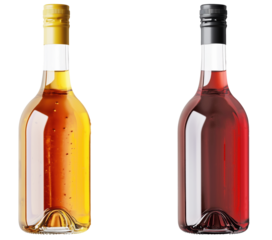 Set of different wine bottles, one with yellow cap and other with black cap, isolated on transparency background, showcasing vibrant colors and elegant design.Isolated on transparent background