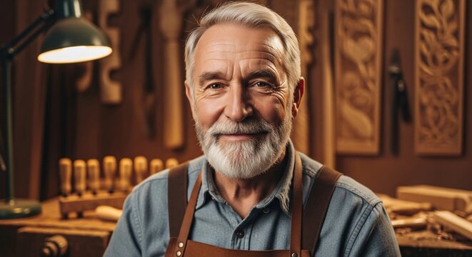 Portrait of a happy senior woodworker in his workshop. Perfect for themes like hobbies, craftsmanship, retirement, woodworking, and small business marketing.