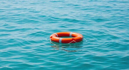 Fototapeta premium An orange lifebuoy floats on the vast blue ocean
