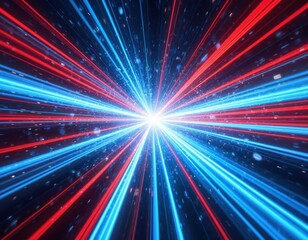 Naklejka premium Dynamic streaks of vibrant blue, red light radiate from central point creating futuristic abstract scene. Light beams represent speed, technology, energy transfer, evoking sense of cosmic movement,