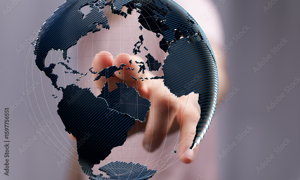 Poster abstract image of a hand interacting with a 3d model of the earth, representing global connection an