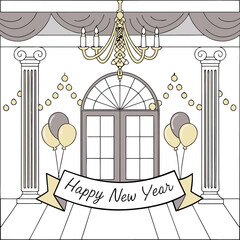 Elegant new year s eve celebration with balloons a chandelier classical columns and a grand arched doorway adorned with festive lights and a happy new year banner