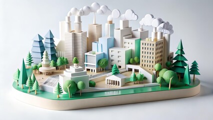 A miniature cityscape with buildings, trees, and clouds is displayed, exhibiting a balanced blend of industrial and natural elements in a stylized