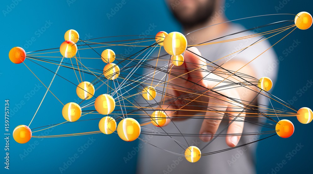 Poster abstract image of a person interacting with a complex network of interconnected nodes, representing 