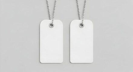 Plain White Dog Tags with Silver Ball Chains on Light Gray Background