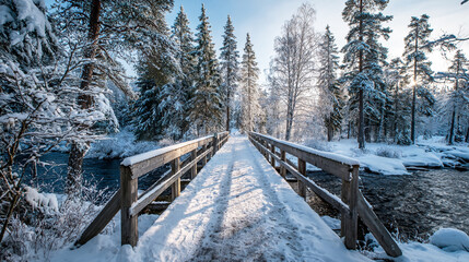 A wooden bridge over the river in winter, covered with snow and surrounded by pine trees.