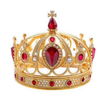 Ornate gold crown adorned with red gemstones and diamonds isolated on transparent background