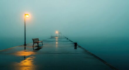 A foggy pier with a single lamp post and bench