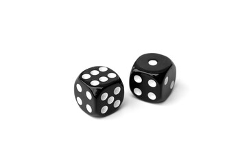 Two old black dice isolated on white background.