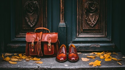 Leather briefcase and shoes on a doorstep.