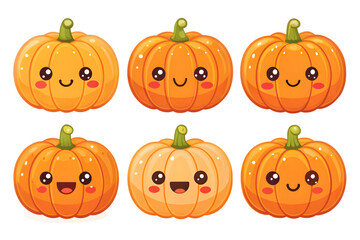 Six cute and happy cartoon pumpkins with smiling faces in a playful style isolated on transparent background