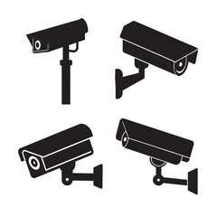 CCTV camera on pole silhouette set bundle on white background