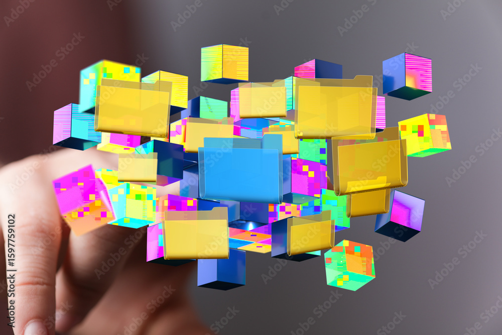 Poster abstract image of colorful data cubes representing digital transformation and data management.