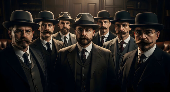 Group of Men Wearing Vintage Style Suits and Hats in Classic Library Setting