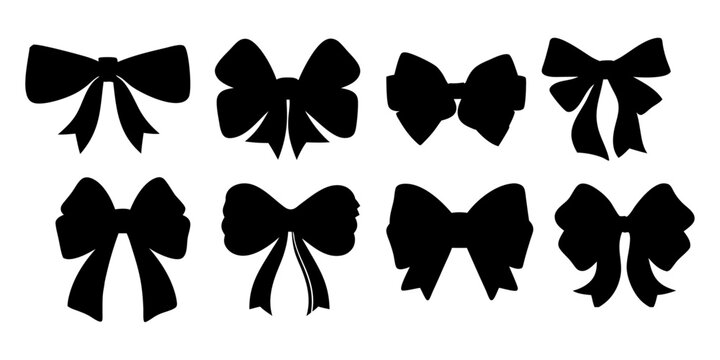 Collection of full black bow silhouettes in various styles, bow, silhouette, black, collection, ribbon, design, decoration, set, shape, vector,