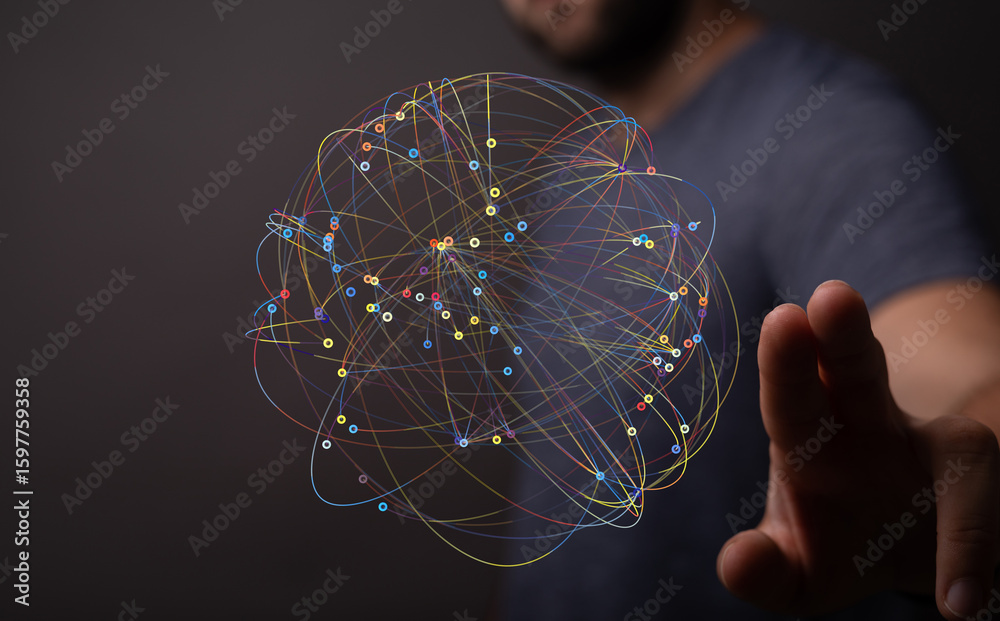 Poster abstract image of interconnected nodes, representing global networks and data connections.
