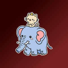 Cute Cat Sitting on Blue Elephant Head, Fun Animal Sticker with Red Background