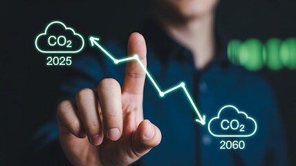 A person's finger traces a declining CO2 emissions graph from 2025 to 2060 on a virtual interface, illustrating the corporate net zero emissions goal and climate action strategy.