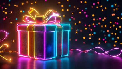 Glowing colorful neon christmas gift with bokeh neon lights on black background with space for text. Animation. Black friday. Sale. Cyber monday