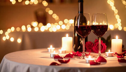 A dreamy romantic table with two wine glasses and softly lit candles creating an intimate atmosphere with no people present