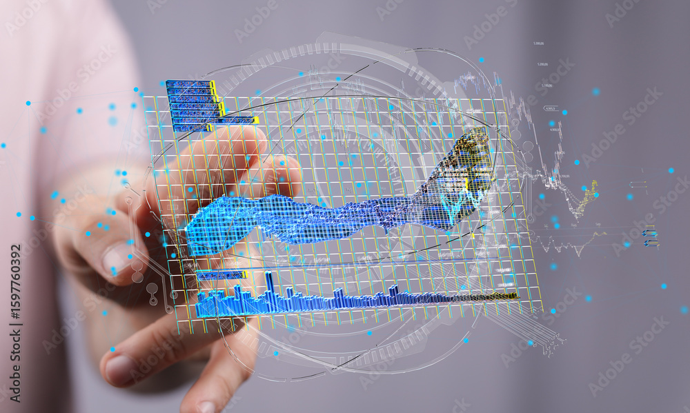 Poster abstract image depicting data analysis. a hand interacts with a holographic 3d chart, showcasing dat